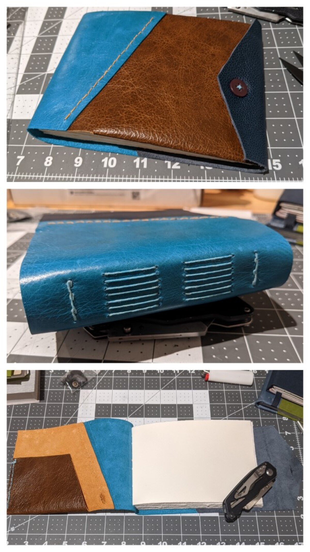 A three panel collage showcasing a blue and brown leather-covered journal.