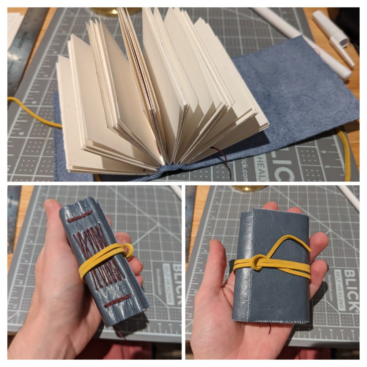 A three panel collage showing a book held in the palm of a hand.