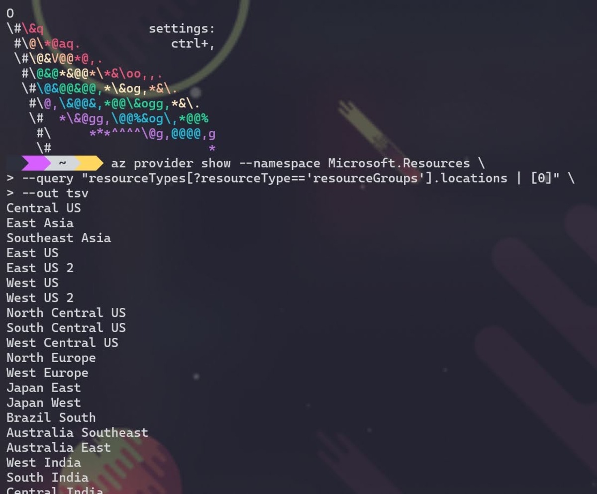 A Linux terminal. There is a fun rainbow flag in ascii art at the top, and then the user has called a command asking Azure for a list of resources applicable to a specific resource type