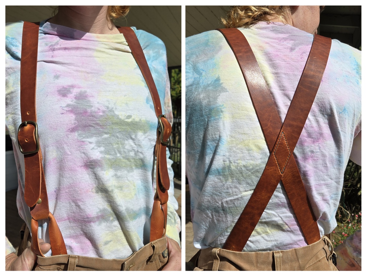 a two image collage showing the front and back of a person, neck to waist. she's wearing leather suspenders with a button attachment, buckles for adjustment, and a stitched diamond where the straps cross in the back.