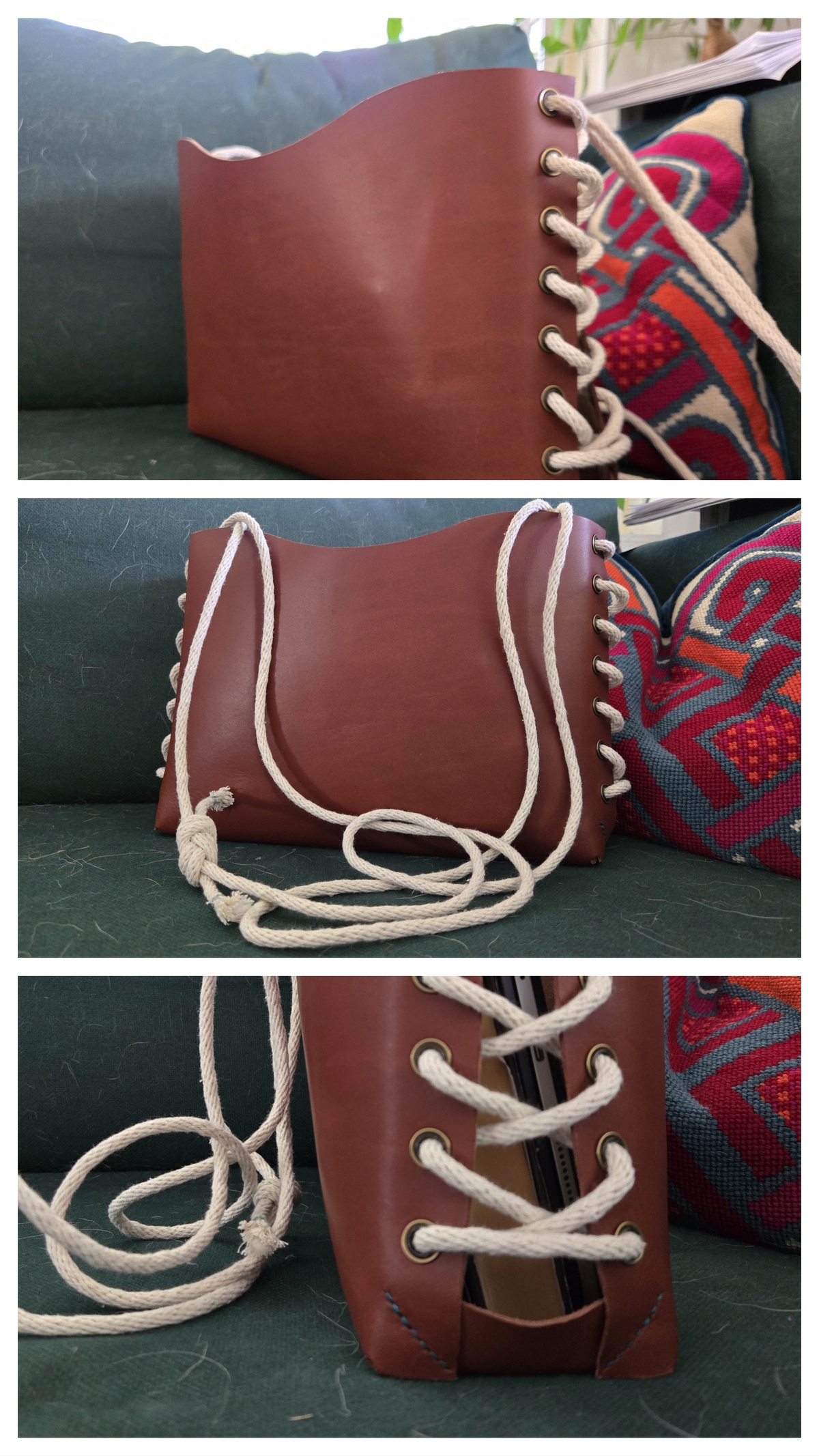 a 3-image collage showcasing a leather crossbody bag. the leather body is brown and fairly simple. up the narrow sides, rope is laced through grommets in a style resembling a shoe lacing. the rope forms the handle and loops seamlessly through the other side of the bag, joining in one point in a figure-8 follow-through knot. At the bottom corners, there are small diagonal lines of stitching to give the bag a small lip around the base and ensure small objects don't slide out.