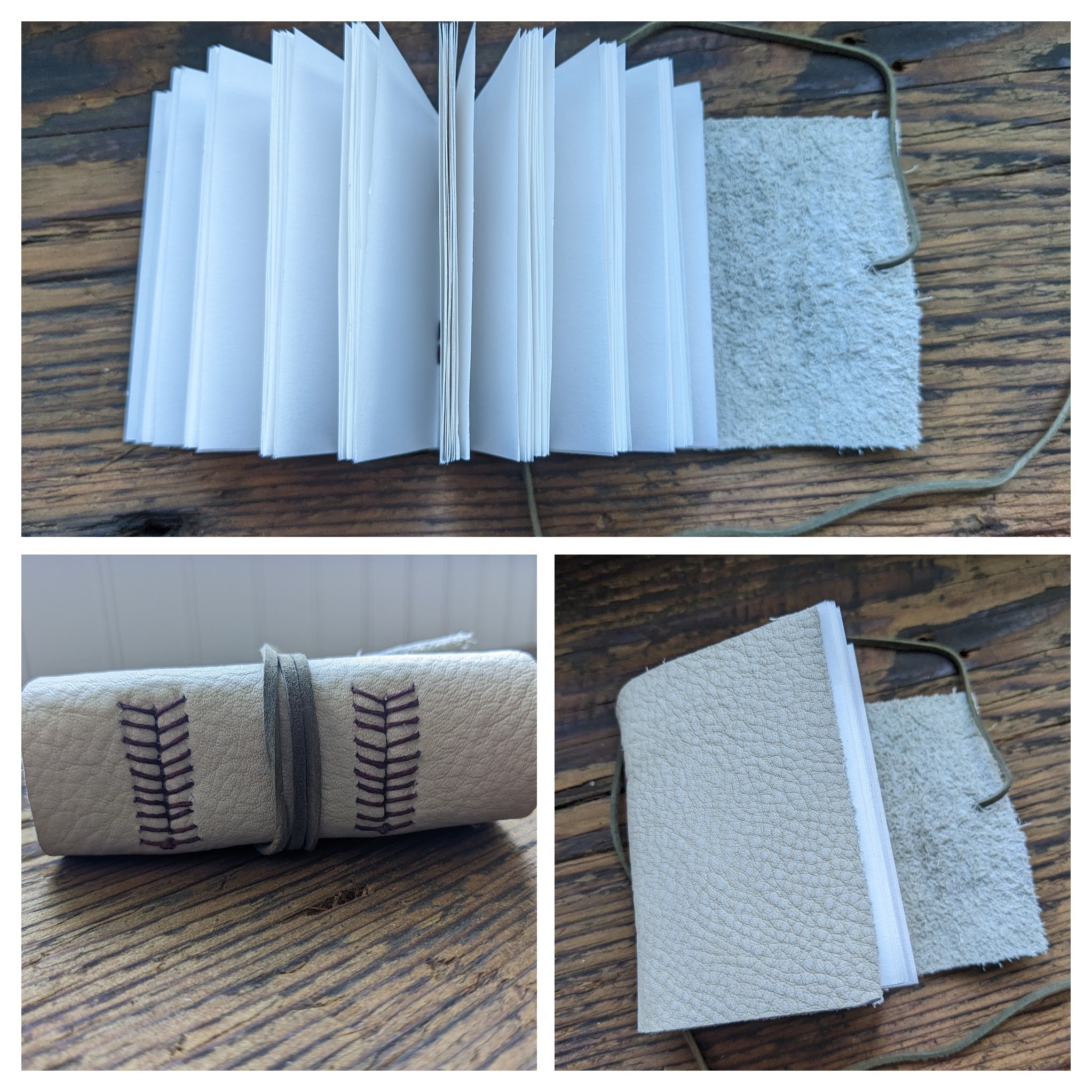 A 3-part collage of a leather-covered book with baseball-style stitching across the spine.