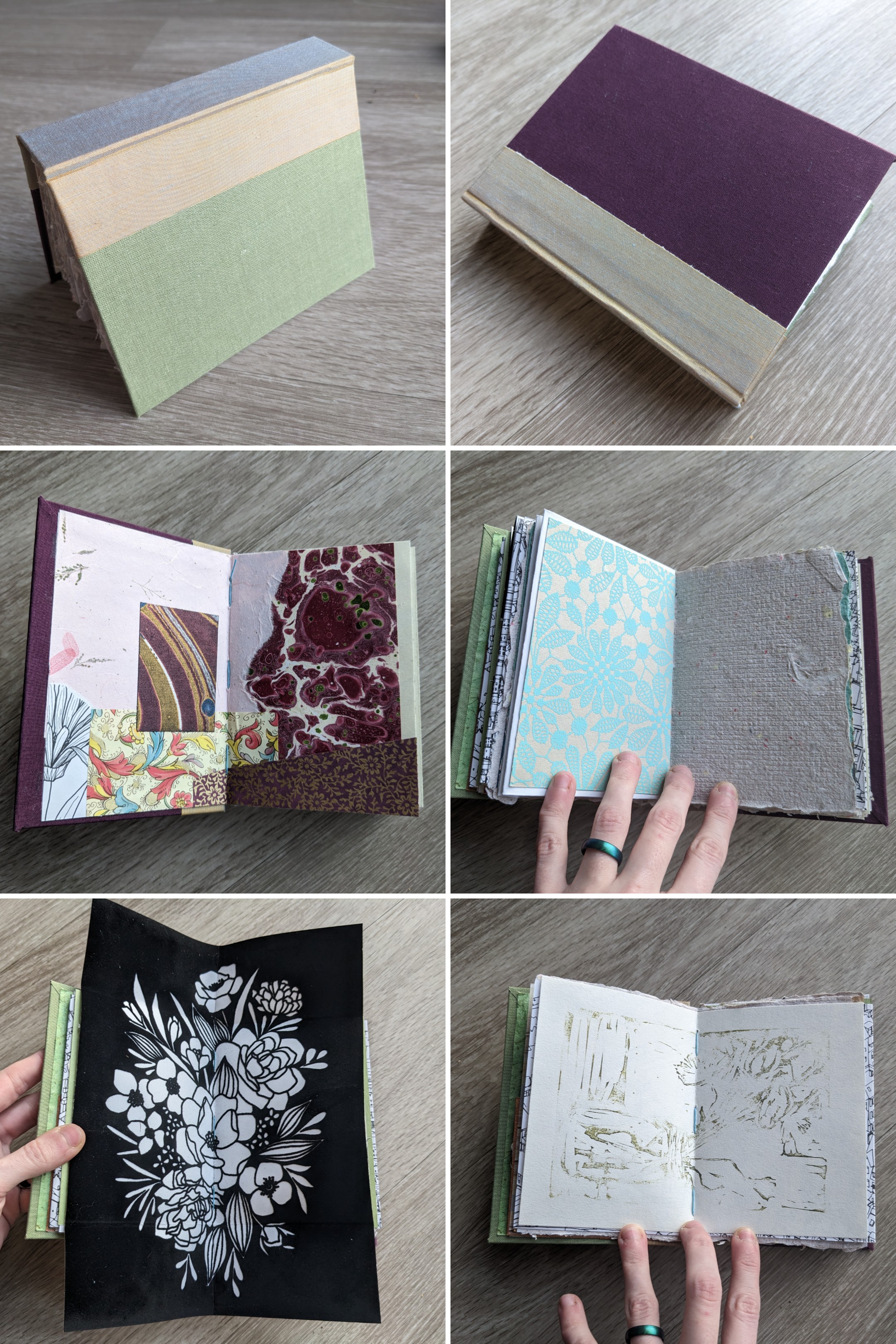 A six panel collage showing the covers, endpapers, and some of the pages of a notebook.