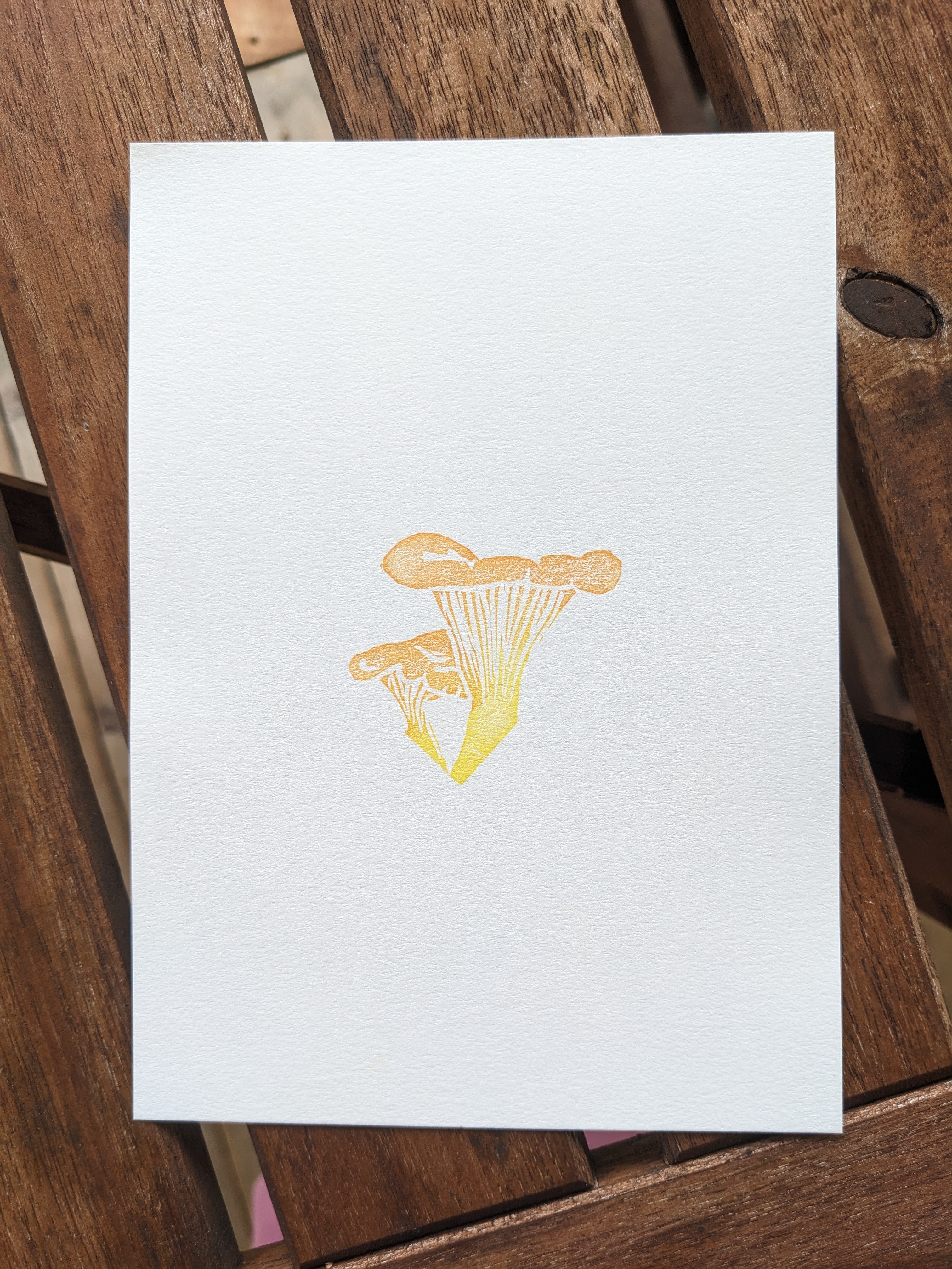 A print of two chanterelle mushrooms inked in a dark-to-light yellow gradient.
