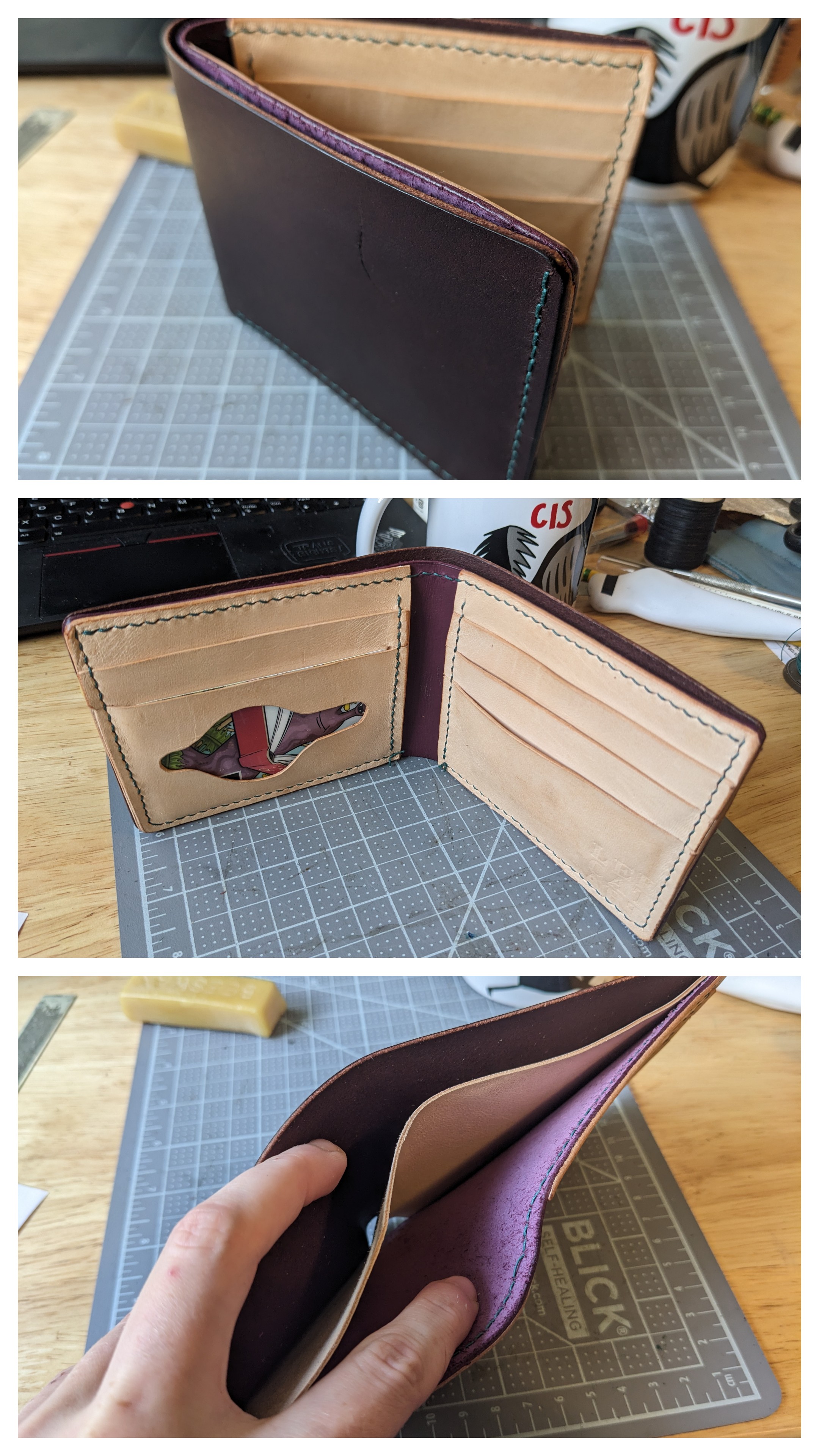 A 3-picture collage showing a hand-stitched leather wallet in plum and light natural leather, with a double bill pocket.