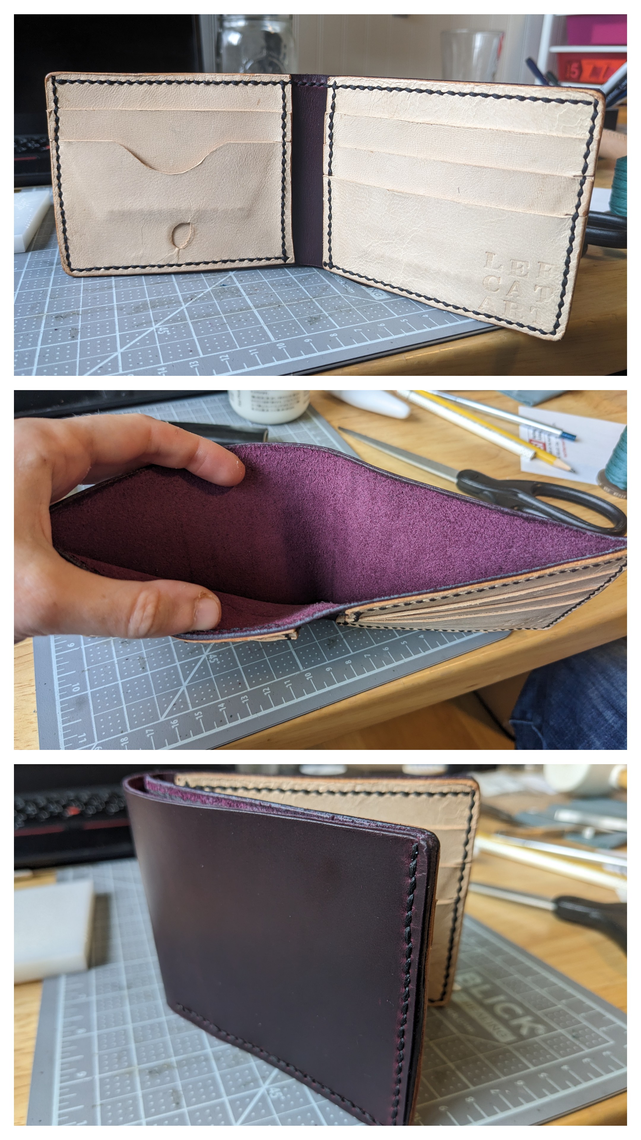 A 3-picture collage showing a hand stitched full grain leather bifold wallet in dark plum leather. It has a main bill pocket and a asymmetrical interior with a hidden pocket and 3 card pockets on the right, and a hidden pocket and 2 card pockets on the left. The left front pocket has a small naturally occuring hole.