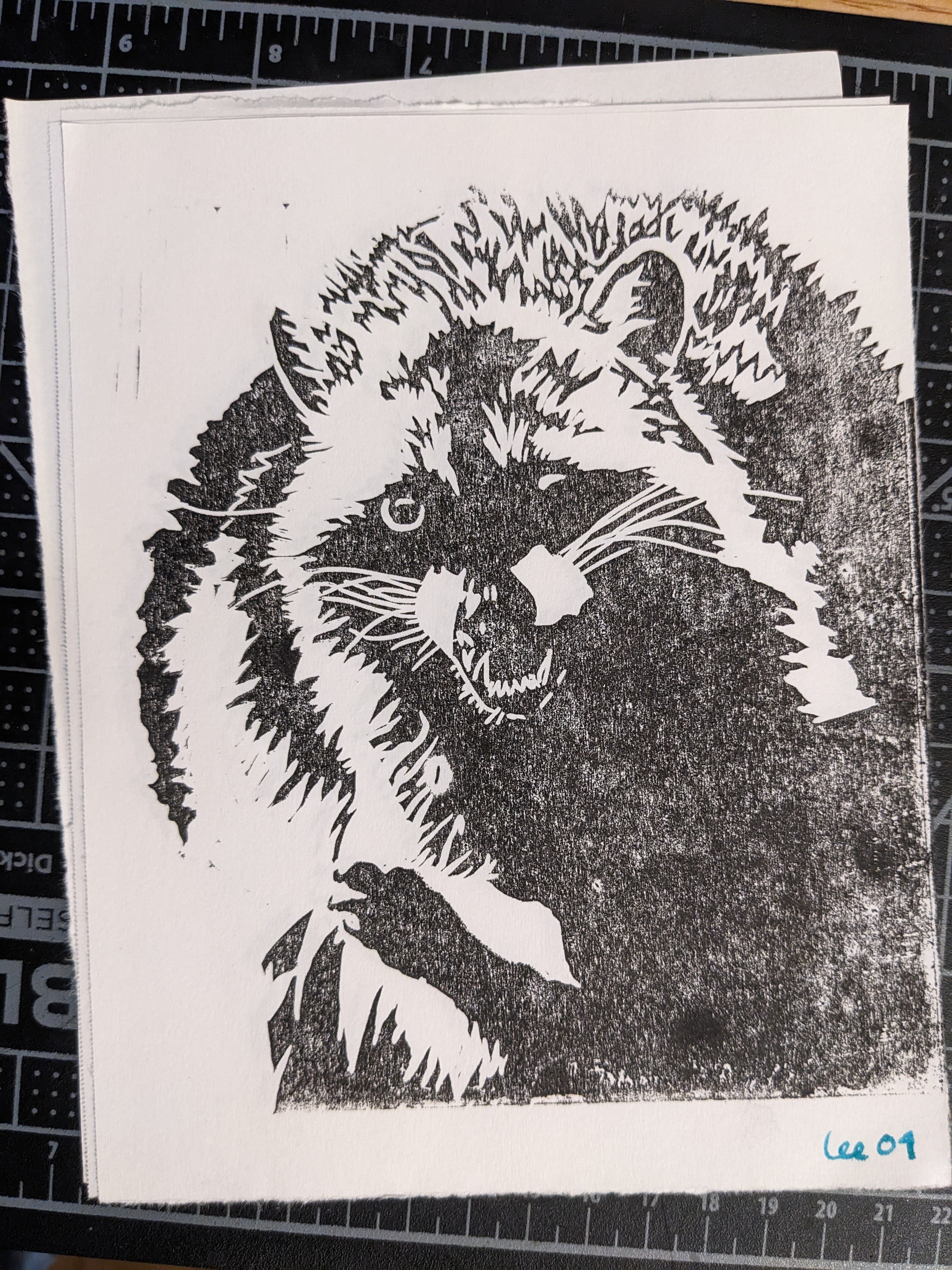 A block print in black ink of a rotund raccoon raising a welcoming paw towards the viewer.