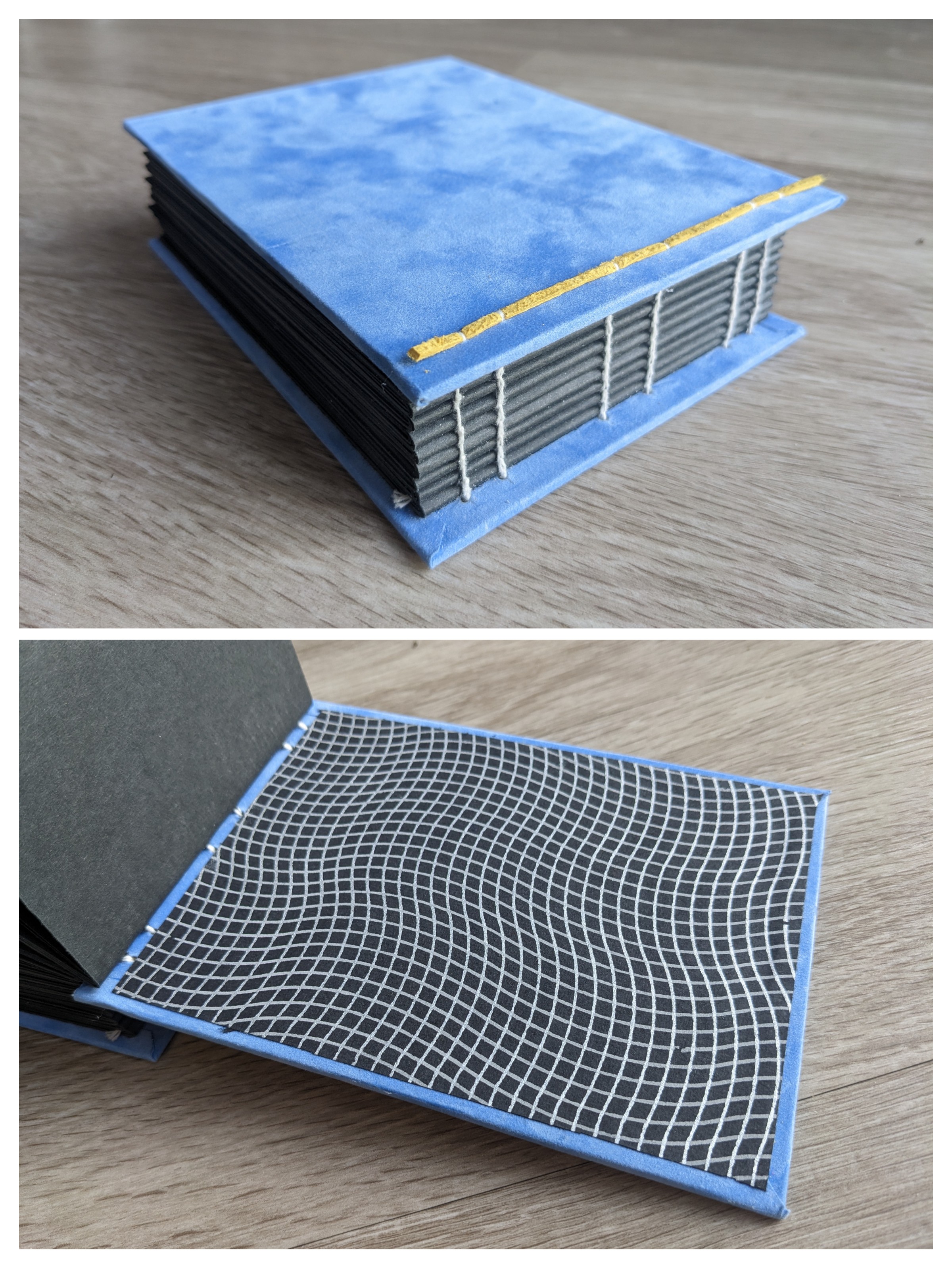 A two panel collage showing the cover and endpapers of a thick notebook.