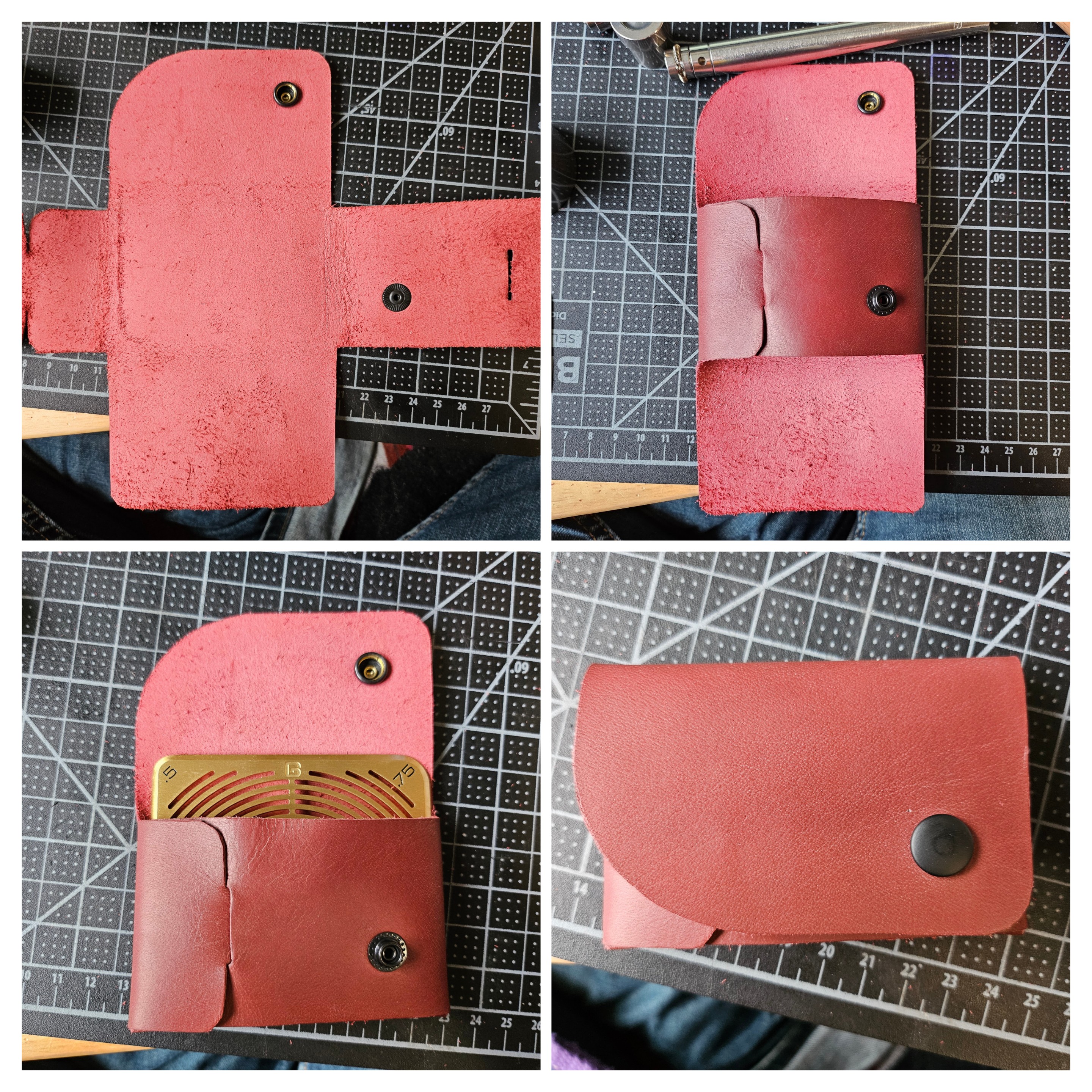 A four part collage showing a single piece of deep red leather folding up to become a card wallet.