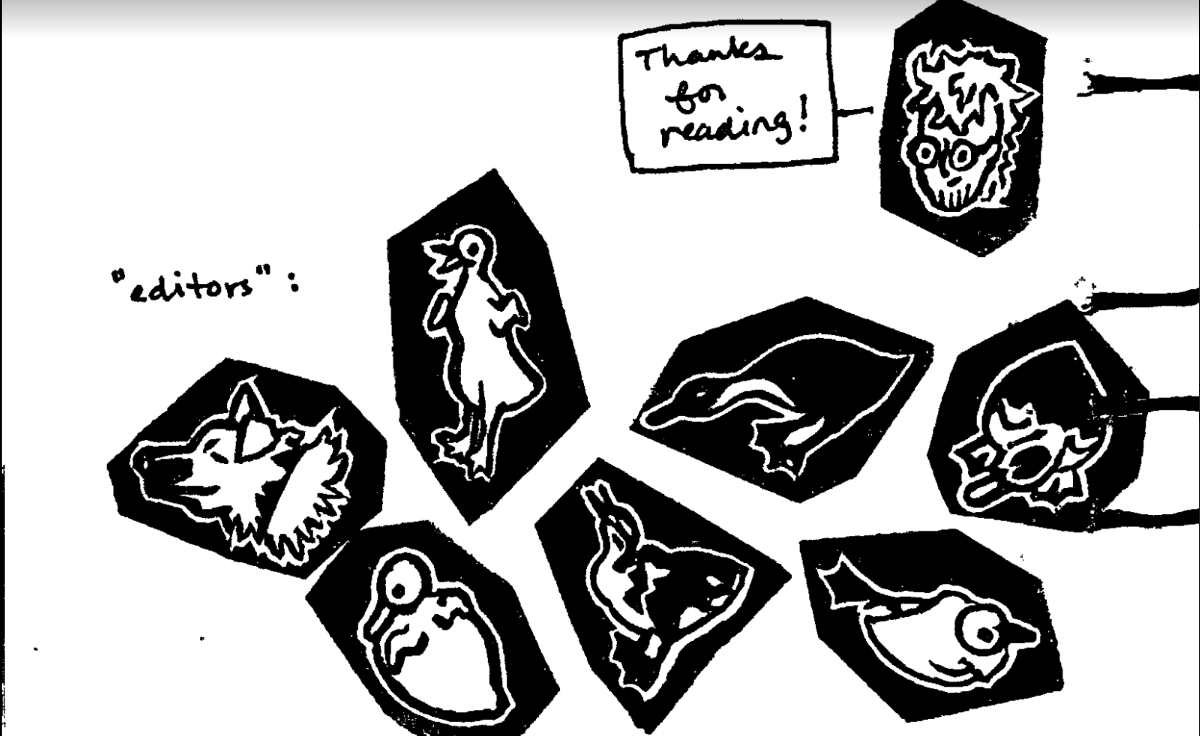 A small stamp depicting Lee's face next to a speech bubble in handwritten text that reads 'Thanks for reading!'. Below that, the word 'editors' in quotes, and stamps of a fluffy dog and 6 variously-patterned ducklings