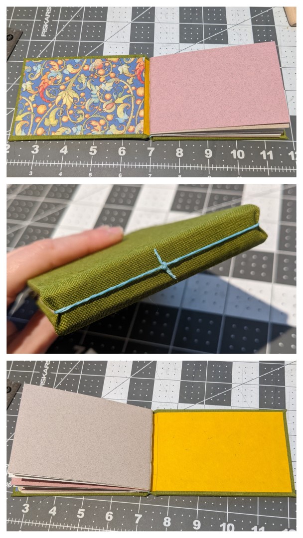 A three panel collage showcasing a small green memo pad.