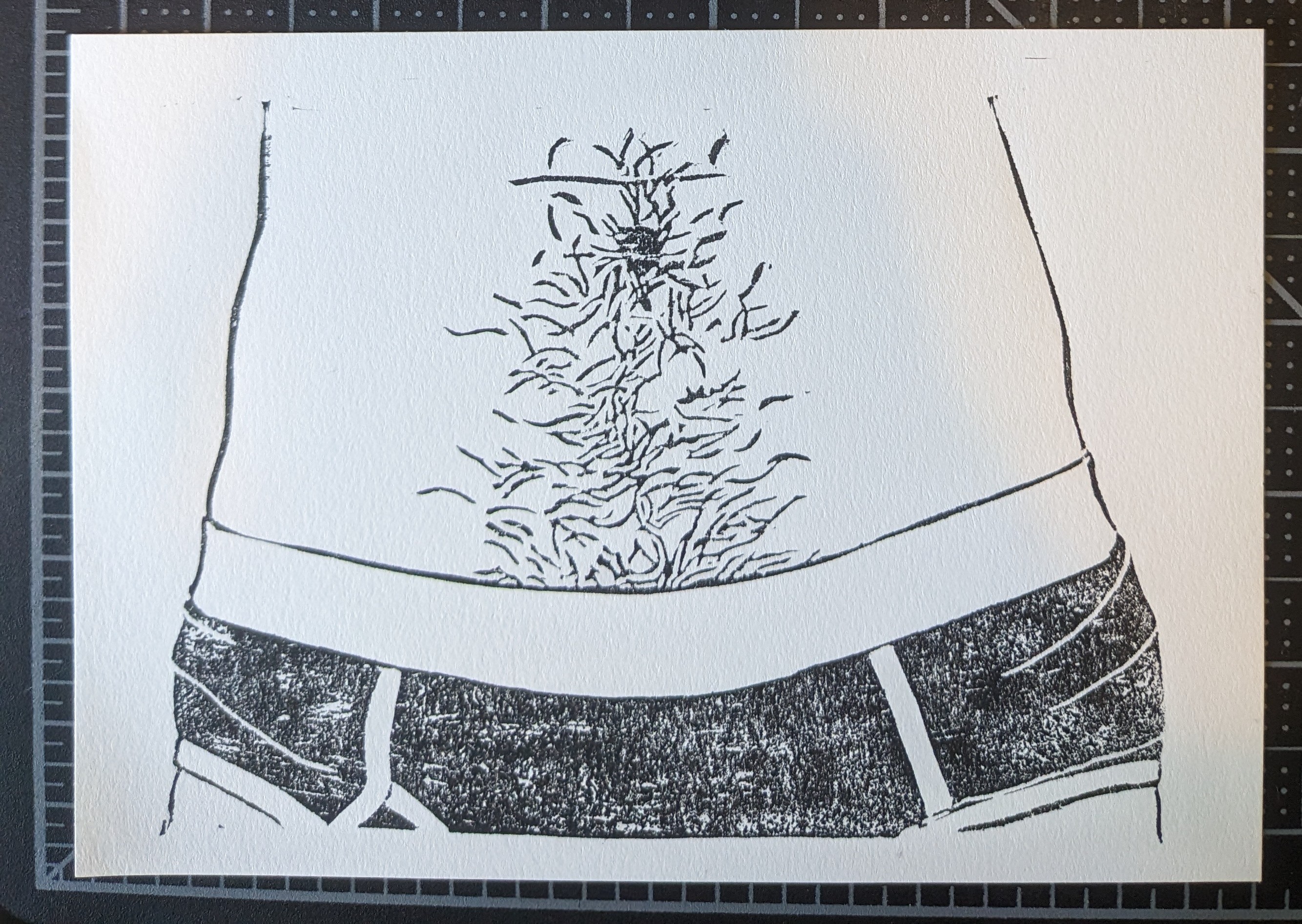 A print in black ink of belly hair.