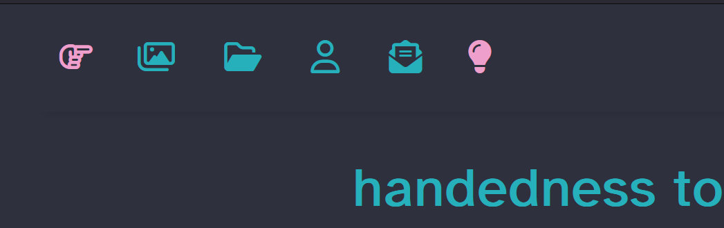 the navbar of this site in dark mode. from left to right, there's pink and blue icons of: a hand pointing right, images, file folder, user/person, opened mail, and a lightbulb.