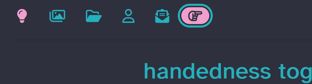 Navbar showing handedness toggle in focus, pointing right. It has a bright blue outline, pink background, and dark icon image.