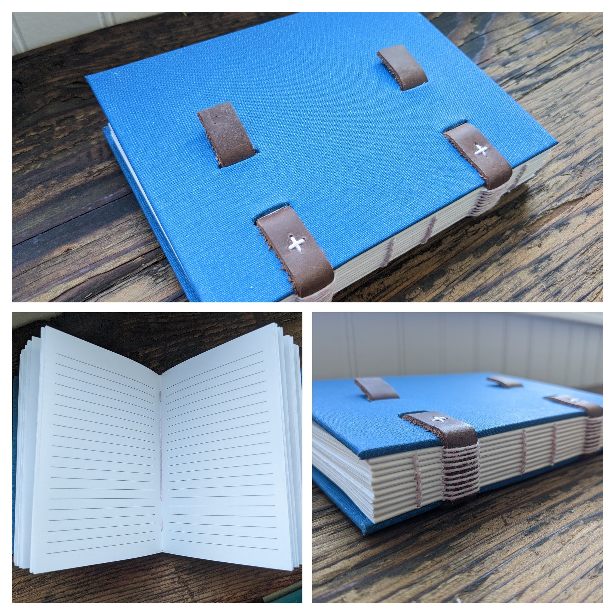 A 3-part collage showing a blue journal with leather straps woven into the covers.