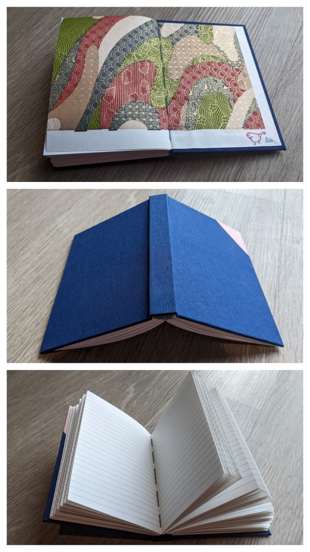 A three panel collage showing a the endpapers, cover, and pages of a small hardbound notebook.