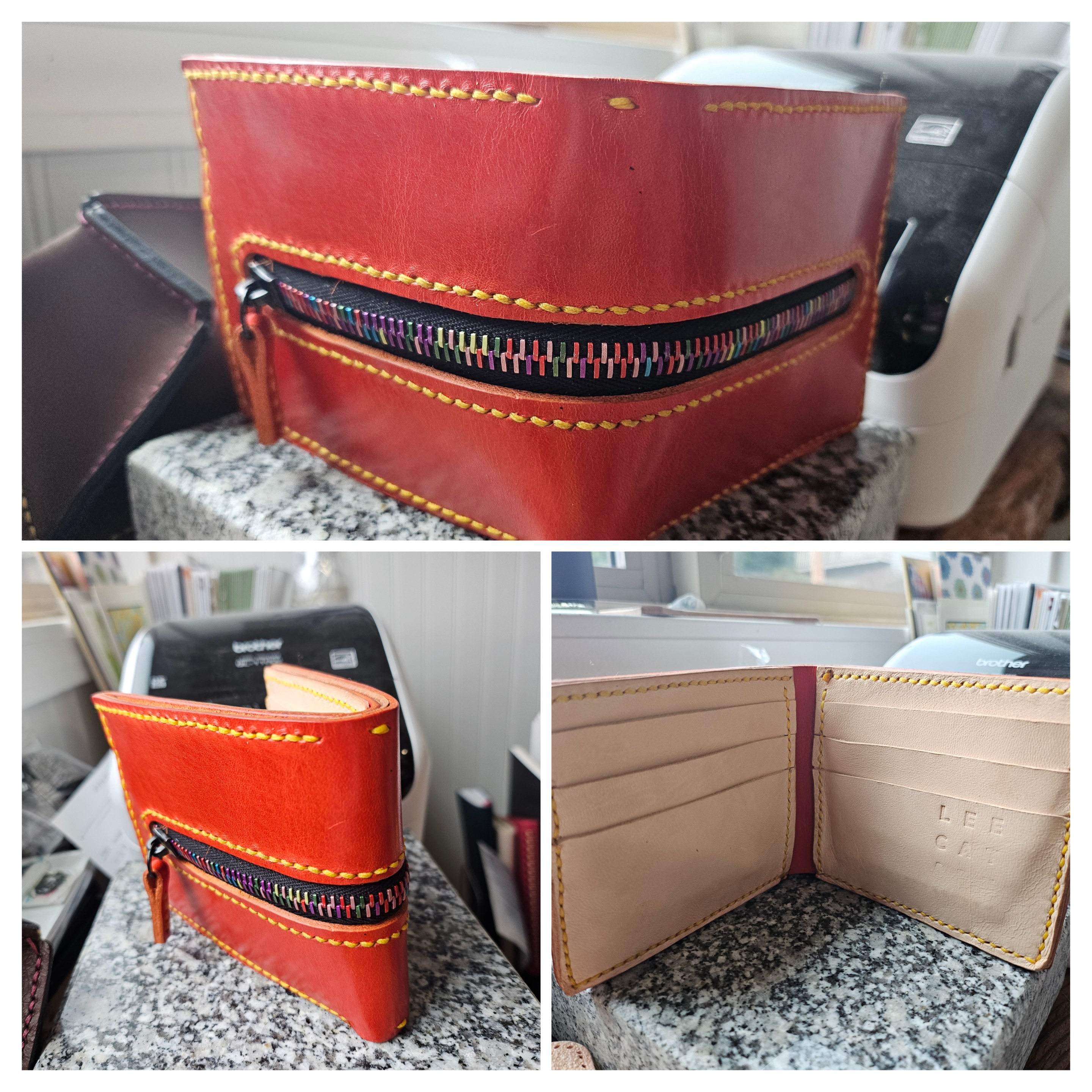 A collage showing an orange leather wallet with a long zipper running the length of the outside.