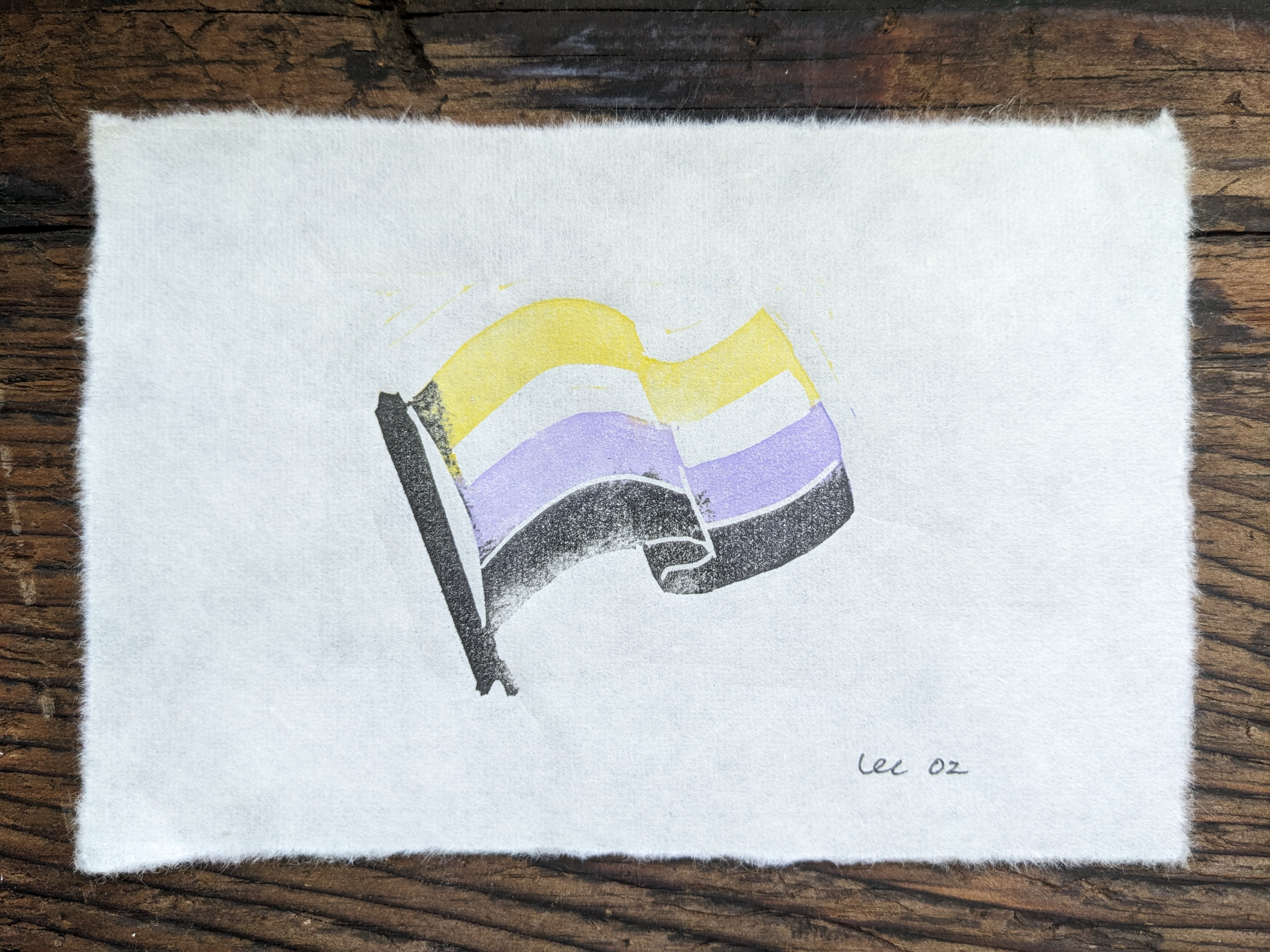 A print of a nonbinary flag waving, with yellow, white (uninked), purple, and black stripes.