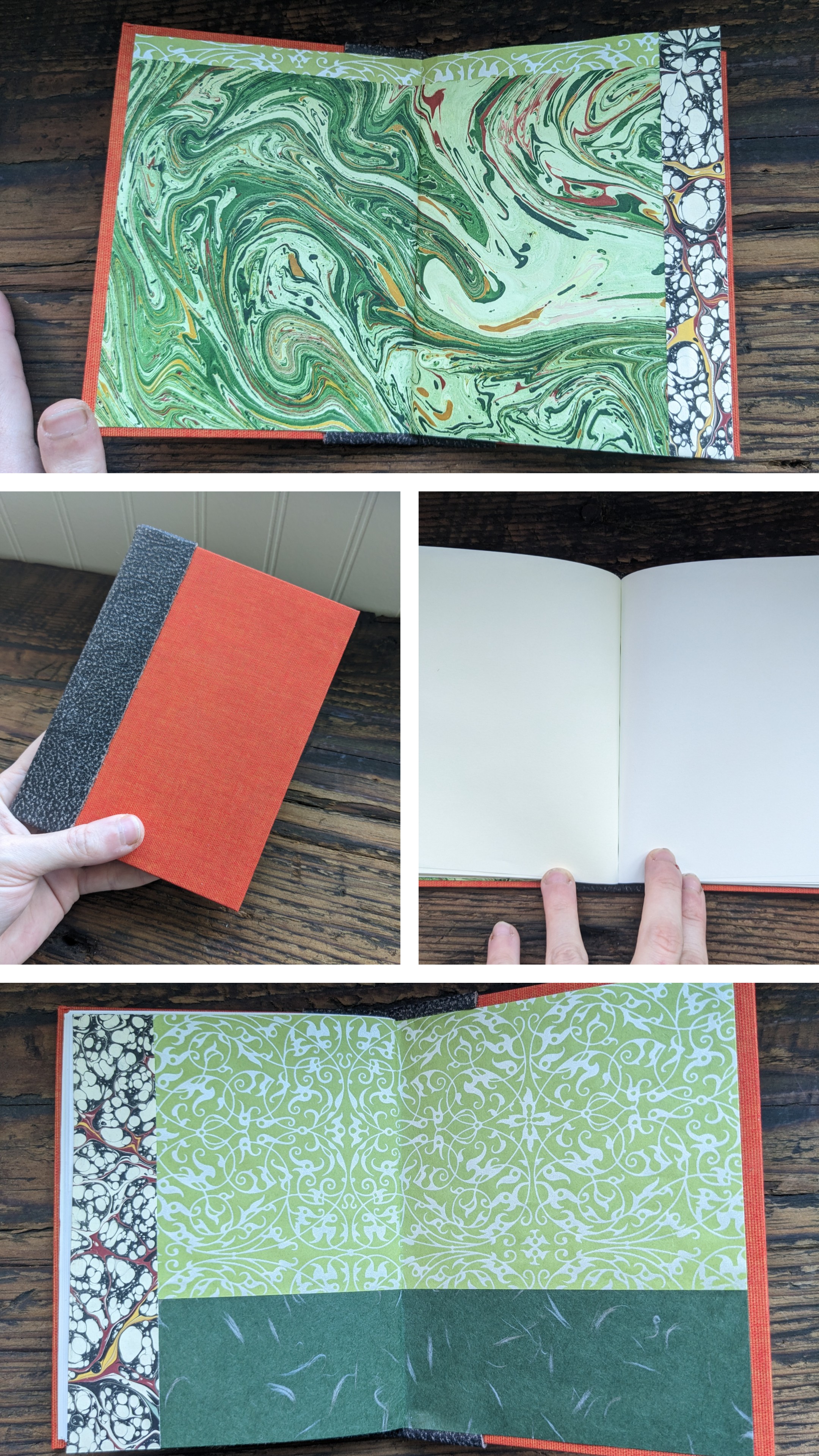 A 4-part collage of a slim handbound book.