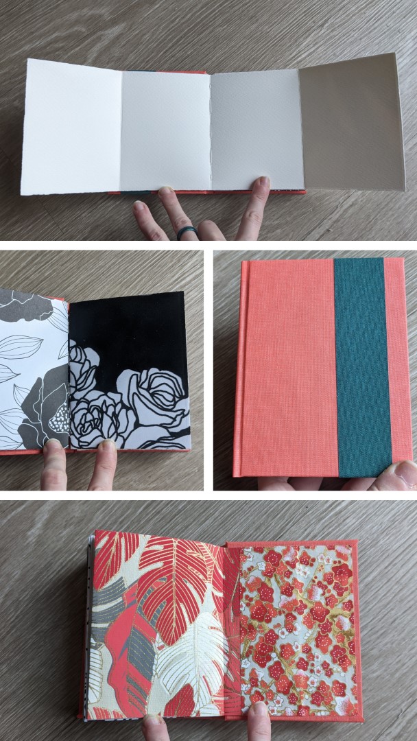 A three panel collage showcasing a small book with foldout pages and a bright orange cover.