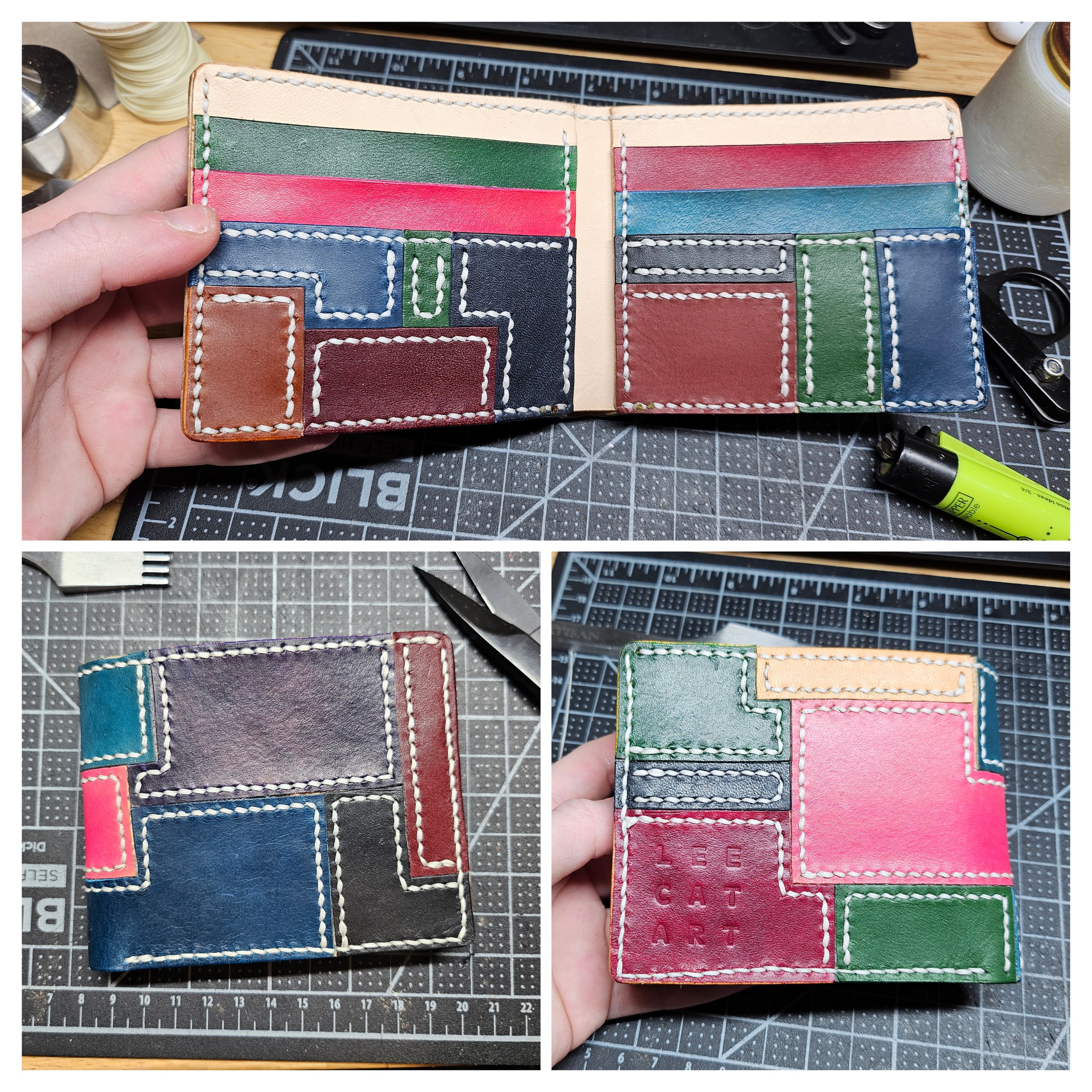 A collage showing a wallet in a patchwork style, with different colors of leather all stitched together to make up the exterior and the top interior pockets. Other pockets inside are dyed various colors.