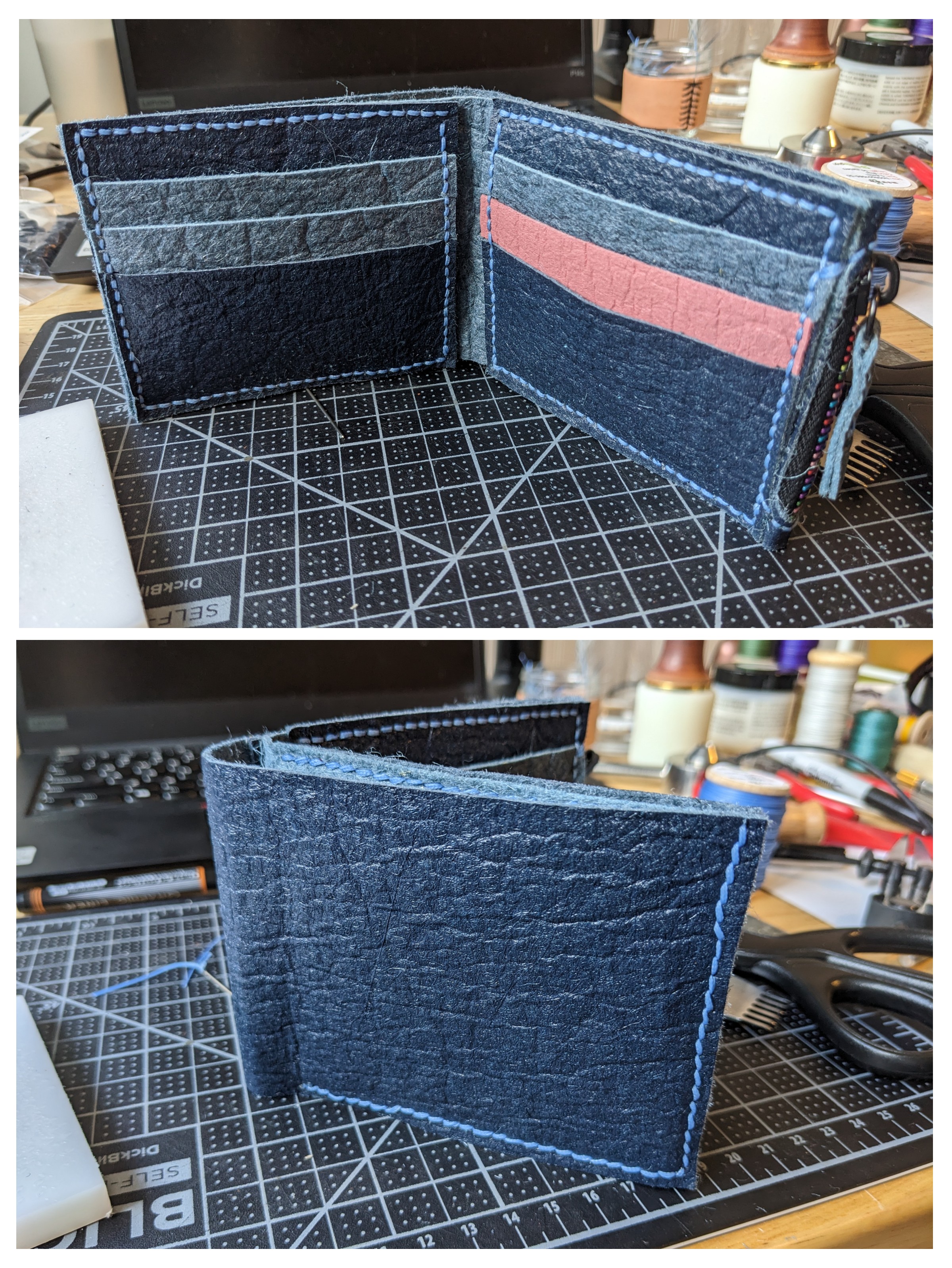 A two-picture collage showing the inside and outside of a wallet made with piñatex, a leather alternative made from pineapple leaves. It is two tone blue with a pink accent and has a zippered pocket built in.