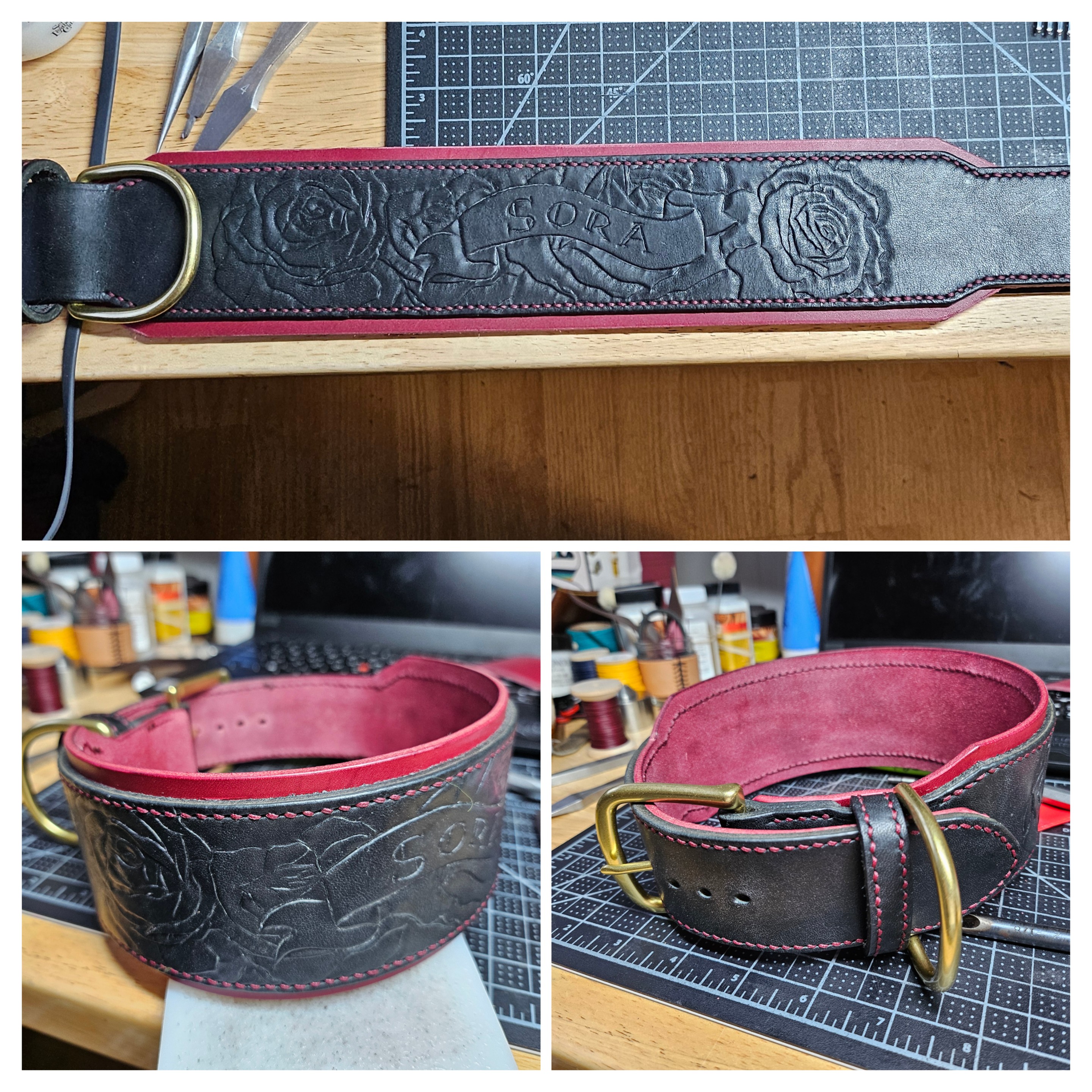 A collage showing a red and black leather dog collar tooled with roses and the name Sora. It's fully stitched with dark red stitching and has brass hardware.