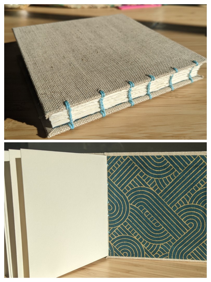 A two panel collage showing a square book with a tan cover and blue and gold endpapers.