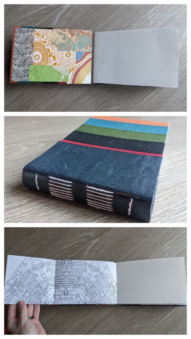 A three panel collage showcasing a journal with a striped cover.