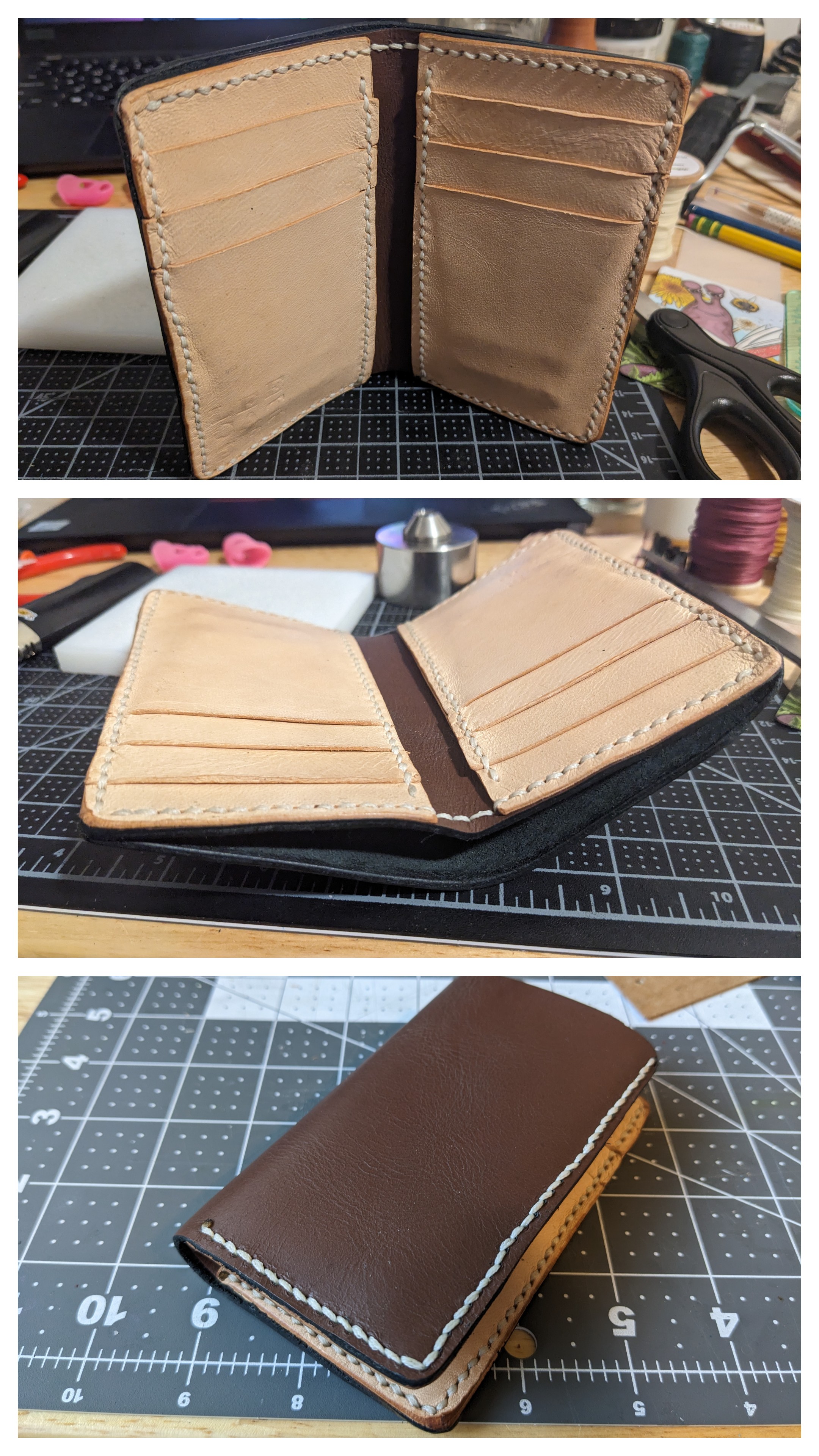 A collage showing a hand-stitched leather vertical bifold wallet with 6 card pockets, 2 hidden pockets, and 1 bill pocket.