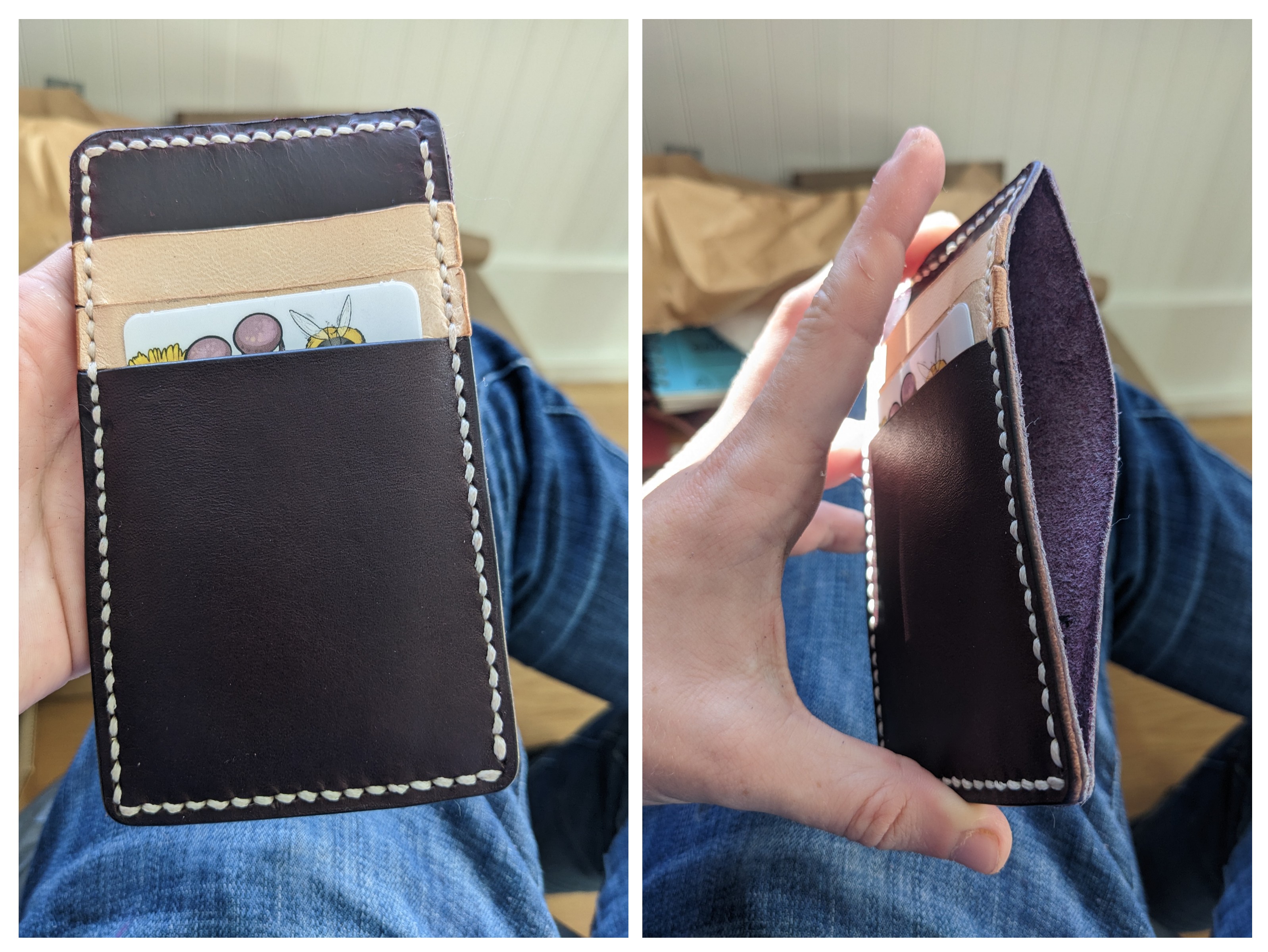 A collage showing a hand-stitched leather card wallet with 3 card pockets and 1 interior pocket.