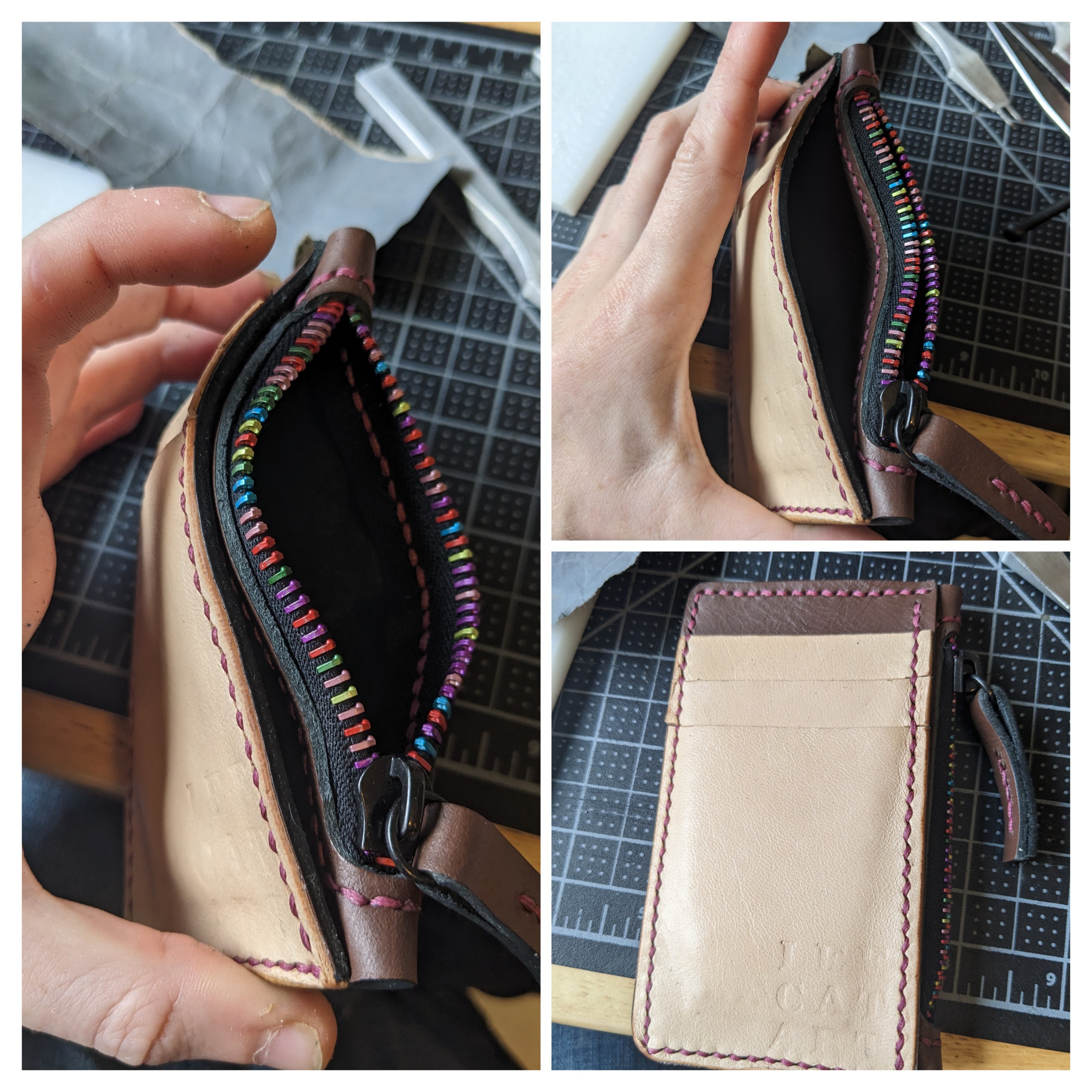 A collage showing a hand-stitched leather card wallet with 3 card pockets, a hidden pocket, and a zippered coin pouch.