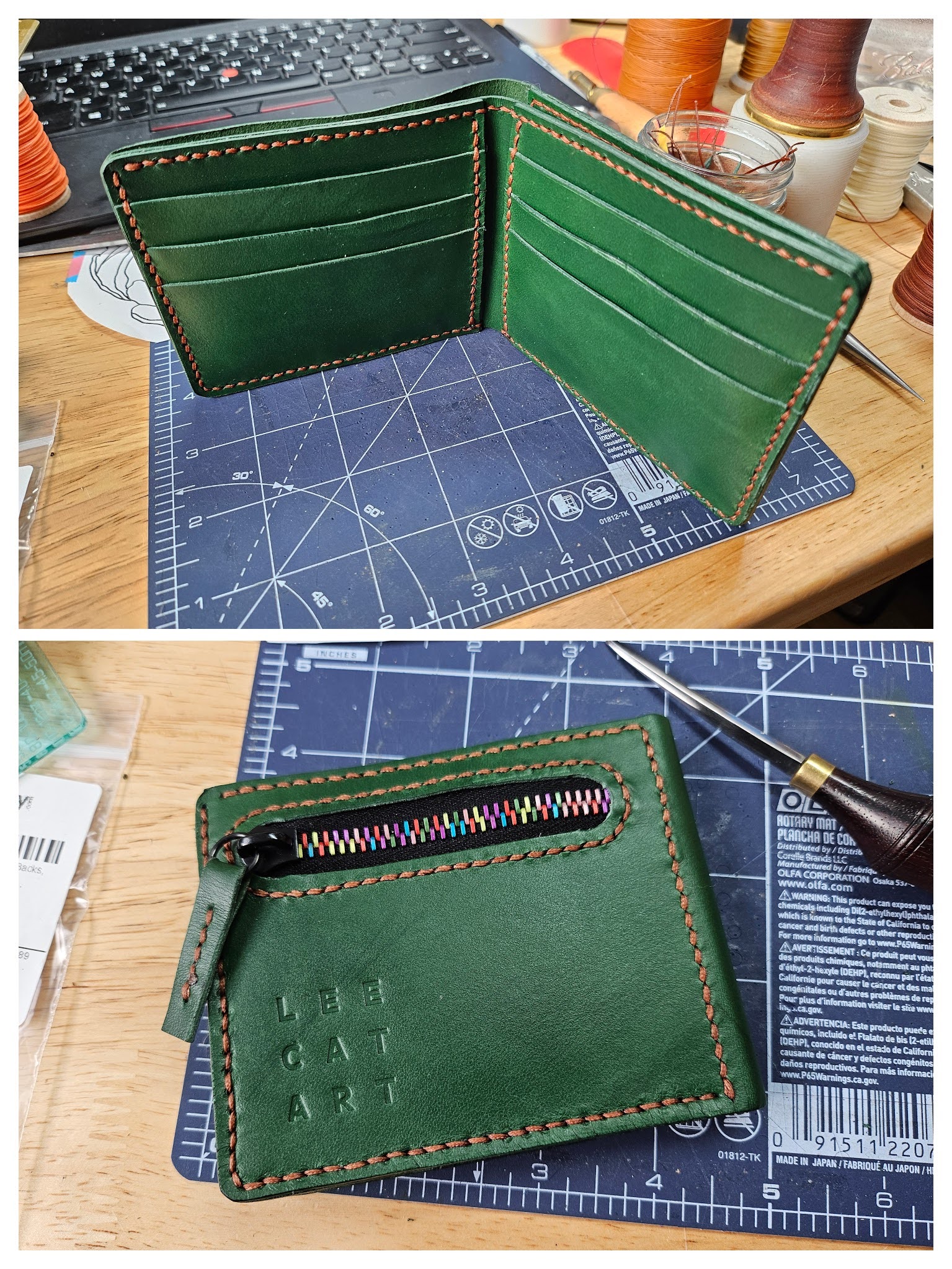 A collage showing a green leather wallet with a zippered pocket built into one external side.