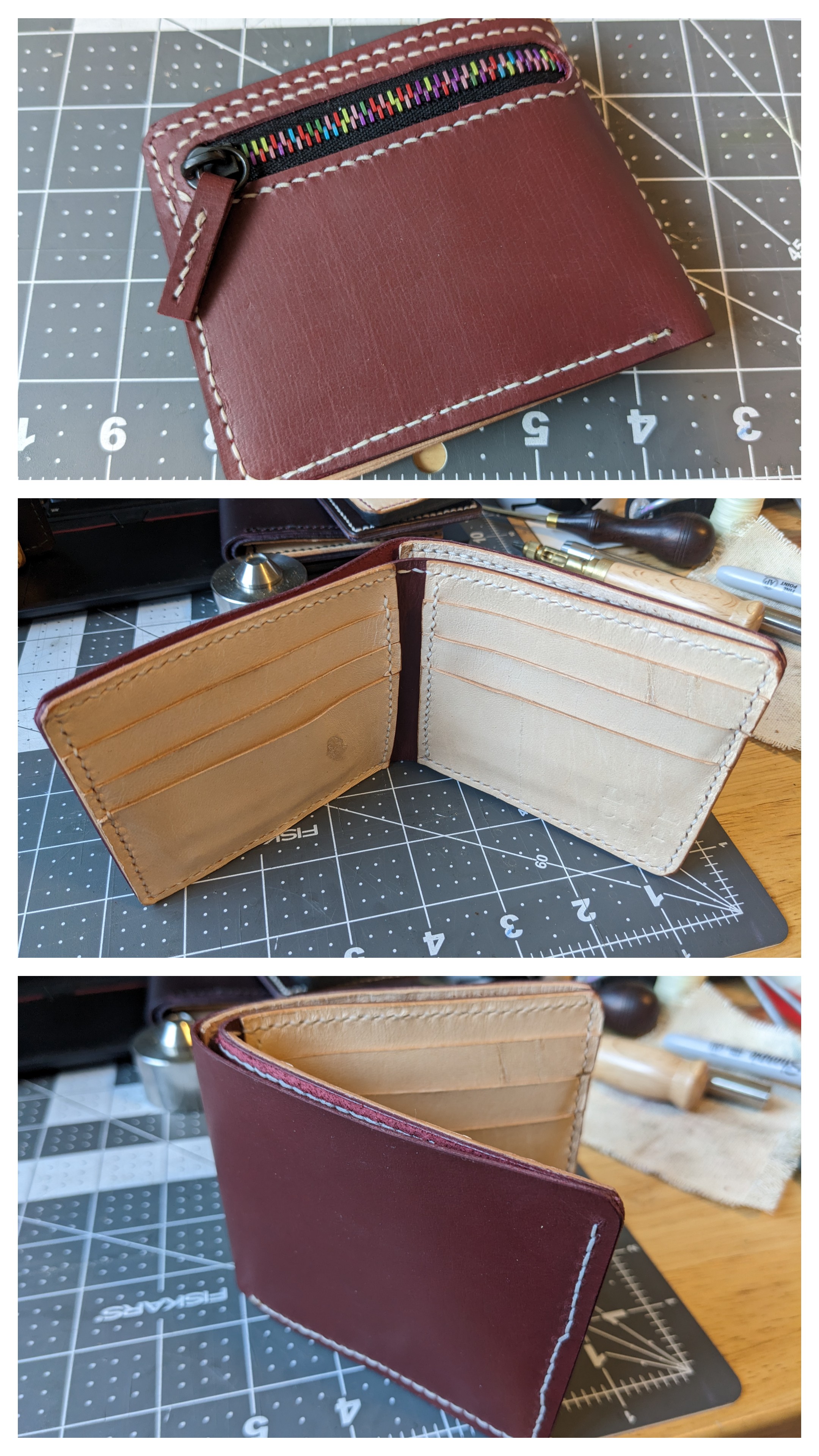 A collage showing a hand-stitched leather bifold with a zippered coin pocket on one exterior side.