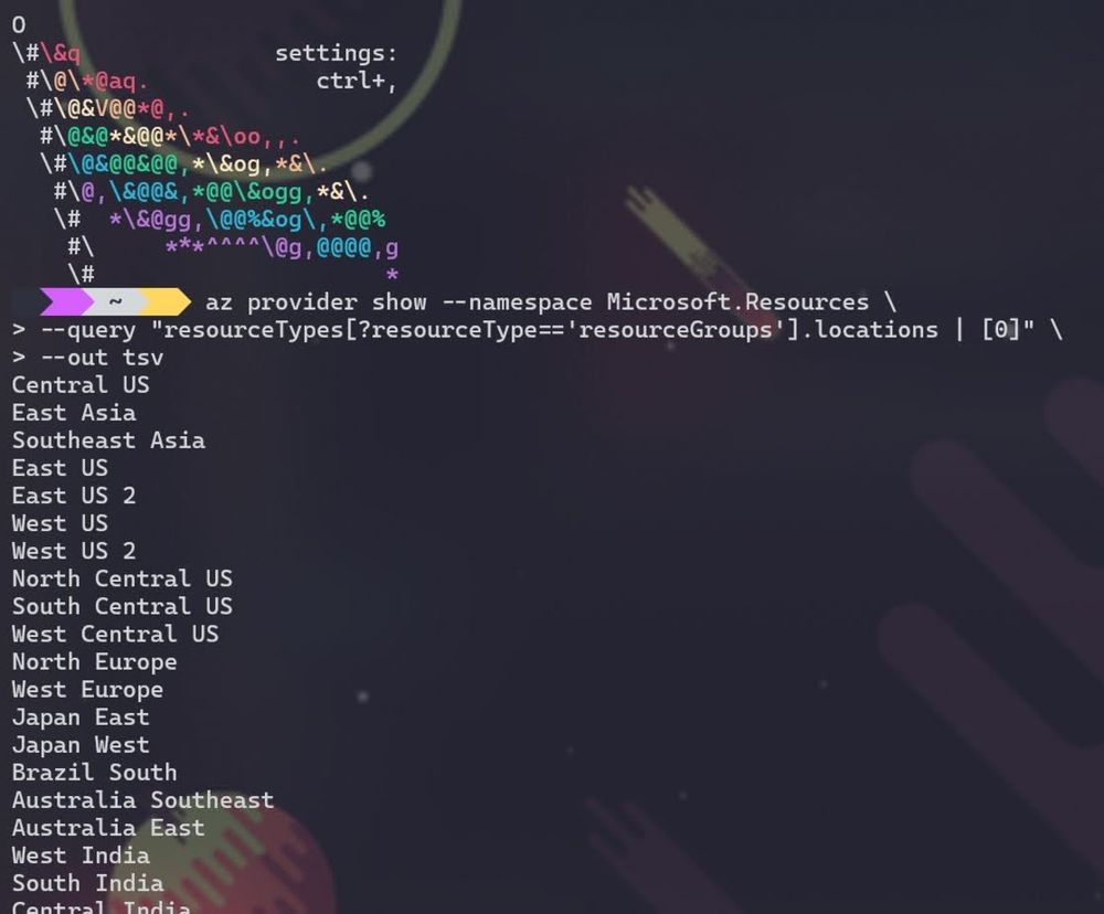 A Linux terminal. There is a fun rainbow flag in ascii art at the top, and then the user has called a command asking Azure for a list of resources applicable to a specific resource type