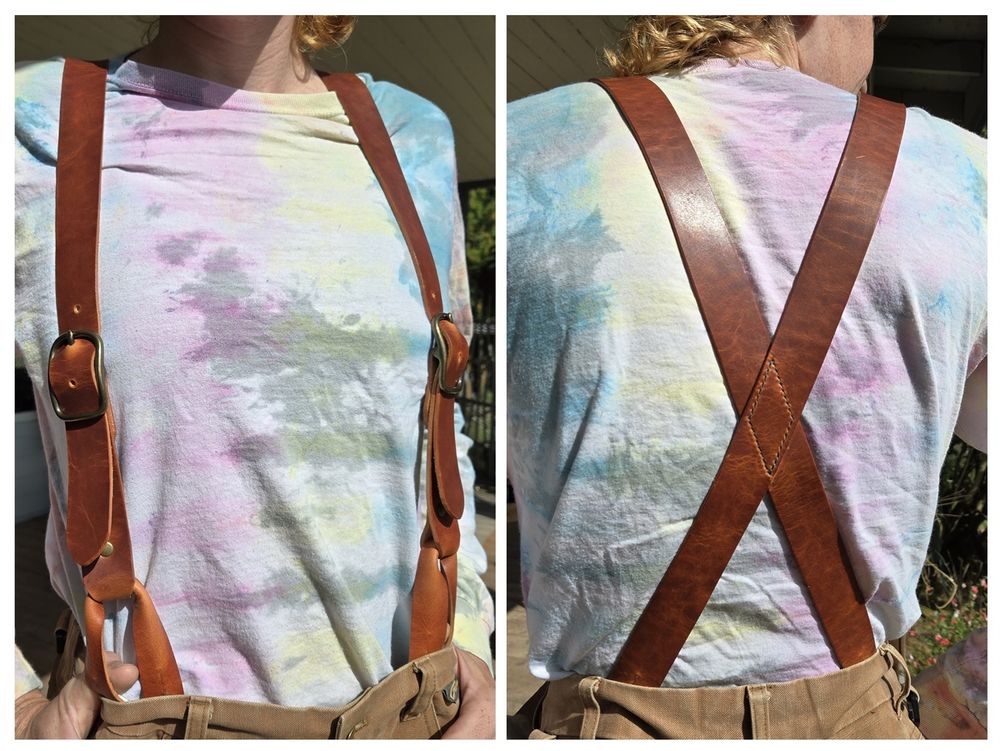 a two image collage showing the front and back of a person, neck to waist. she's wearing leather suspenders with a button attachment, buckles for adjustment, and a stitched diamond where the straps cross in the back.
