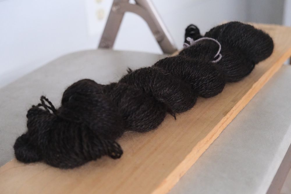 one large skein (and technically a smaller skein hidden behind it) of sheen-y black alpaca handspun, in about a DK weight