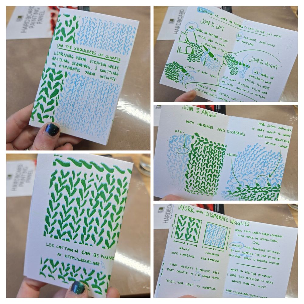 ok so. five image collage showing the front, 3 inner spreads, and back of a riso-printed zine in green and light blue. it's called 'on the shoulders of giants' and it's about a knitting technique I learned from Stephen west and how I built on that technique. it talks about joining two adjacent panels without seaming, instead knitting the second panel onto the selvedge of the first. then it uses that technique to approach two panels knit with significantly different weights of yarn