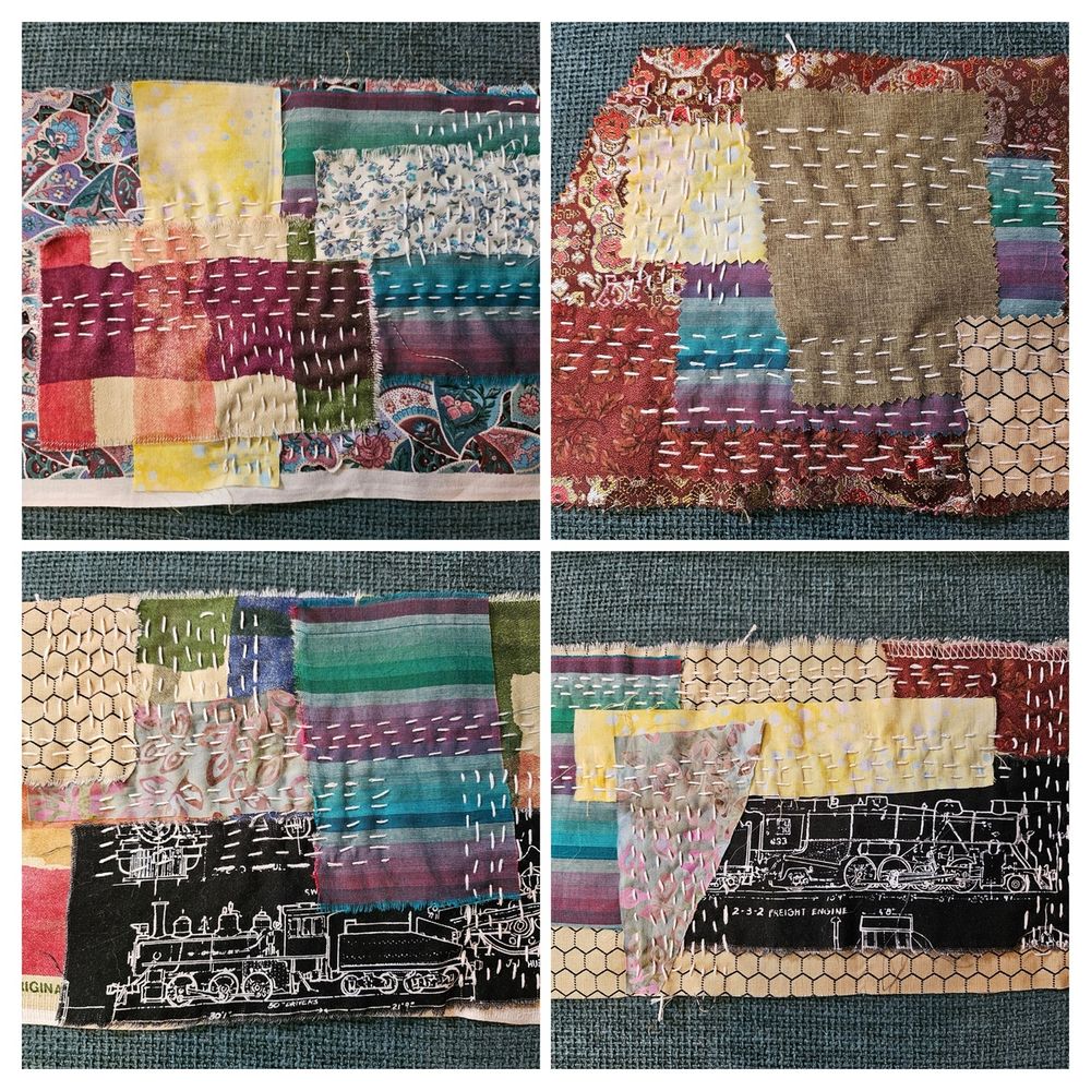a collage of 4 images, each showing a fabric patch created by collaging 5 or 6 scraps of fabric and joining them with a simple running stitch in white thread. patches of running stitch go back and forth both horizontally and vertically.