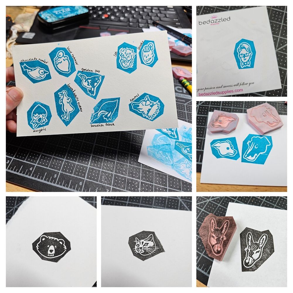 A collage showing various small (around an inch) stamps that depict people or animals.